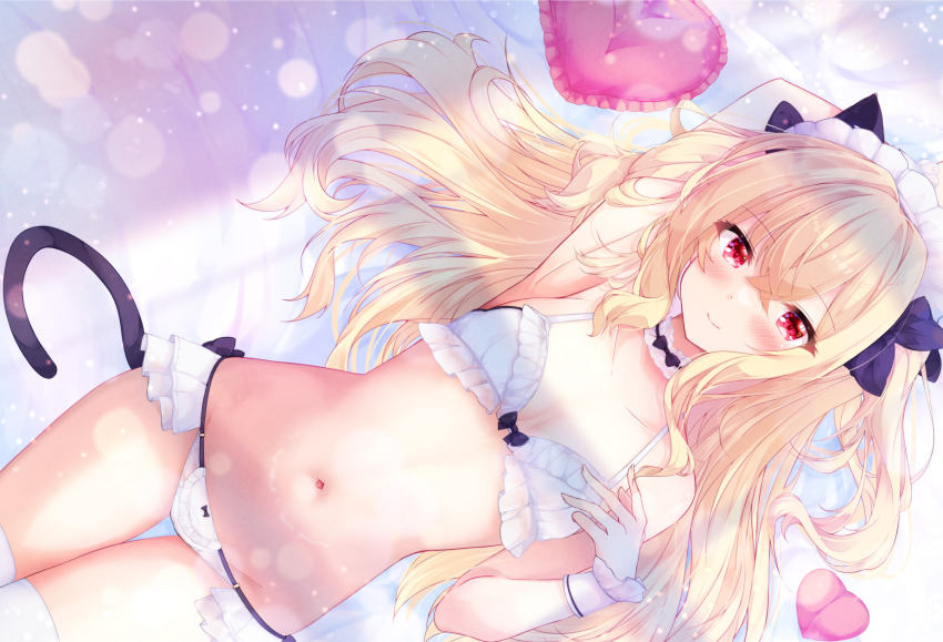 1girl animal_ears bare_shoulders bed_sheet bikini black_bow blonde_hair blush bow breasts cat_ears cat_girl cat_tail closed_mouth collarbone commentary_request dutch_angle frilled_bikini frilled_pillow frills fuuna hair_between_eyes hair_bow heart heart-shaped_pillow highres long_hair looking_at_viewer lying maid_headdress navel on_back original pillow red_eyes small_breasts smile solo swimsuit tail thigh_gap thighhighs two_side_up very_long_hair white_bikini white_thighhighs wrist_cuffs