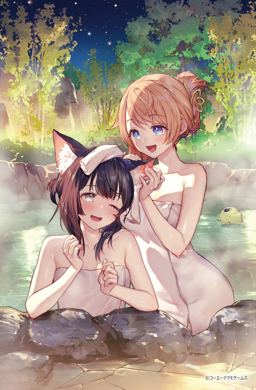 2girls ;d animal_ear_fluff animal_ears atelier_(series) atelier_resleriana bare_arms bare_shoulders black_hair blue_eyes brown_hair cat_ears cat_girl comiket_105 commentary_request copyright_notice folded_hair grey_eyes hair_ornament highres izana_kokoschka looking_at_another multiple_girls naked_towel night night_sky official_art one_eye_closed onsen open_mouth resna_sternenlicht sky smile star_(sky) starry_sky steam towel towel_on_head tree umiu_geso water