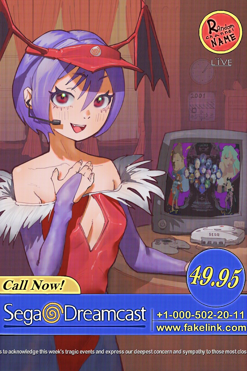 1girl 2001 absurdres bat_wings breasts bridal_gauntlets calendar_(object) capcom cleavage_cutout clock clothing_cutout crt curtains demon_girl diamond_cutout dreamcast_controller english_text eyelashes fake_screenshot fang feather_trim fur-trimmed_leotard fur_trim game_console gloves hand_on_own_chest head_wings headset highres leotard lilith_aensland looking_at_viewer microphone newgrounds off-shoulder_leotard open_mouth pantyhose parody phone_number purple_gloves purple_pantyhose red_leotard red_wings scanlines sega_dreamcast small_breasts smile solo subtitled television vampire_(game) video_game visor_cap wall_clock wings yaroslavee