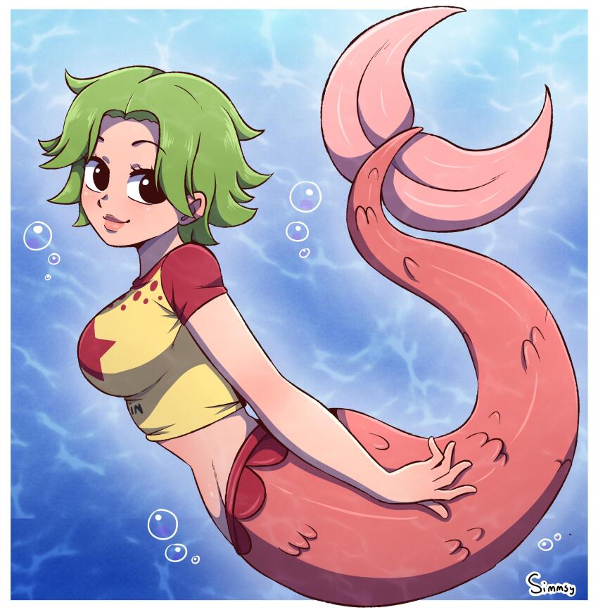 1girl absurdres artist_name bubble camie_(one_piece) closed_mouth commentary crop_top cropped_shirt english_commentary full_body green_hair highres looking_at_viewer mermaid monster_girl one_piece pink_lips short_hair short_sleeves simmsy smile solo star_(symbol) two-tone_shirt underwater