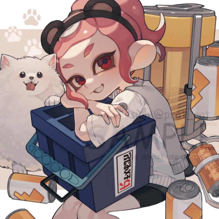 1girl animal_ear_hairband animal_ears artist_name bear_ears black_shorts brown_hairband can commission crossed_arms dog drink_can fake_animal_ears film_grain grey_sweater_vest grin hairband head_rest highres looking_at_viewer nintendo octoling octoling_girl octoling_player_character pink_hair ponytail prat_rat red_eyes sample_watermark shirt short_hair short_sleeves shorts sidelocks smile solo splatoon_(series) splatoon_3 suction_cups sweater_vest tacticooler_(splatoon) tentacle_hair tri-slosher_(splatoon) watermark white_shirt