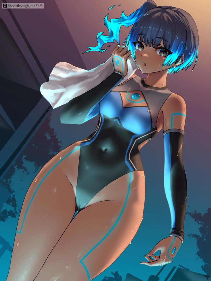 1girl :o artist_name black_sleeves blue_hair blush breasts brown_eyes commentary commentary_request covered_navel curvy detached_sleeves english_commentary fiery_hair glowing_lines groin highres holding holding_towel medium_breasts mixed-language_commentary one-piece_swimsuit riro_(breakthrough_rr) sena_(xenoblade) side_ponytail solo standing swimsuit thighs towel twitter_username wet xenoblade_chronicles_(series) xenoblade_chronicles_3