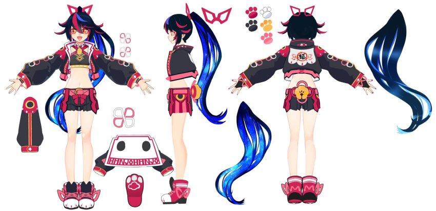 1girl artist_request black_hair blue_hair character_sheet commentary_request criss-cross_halter cropped_jacket fingernails halterneck hanjo_tv highres jacket kimino_miya long_hair looking_at_viewer midriff multicolored_hair nail_polish navel official_art open_clothes open_jacket ponytail red_eyes red_hair red_nails shoes skirt virtual_youtuber