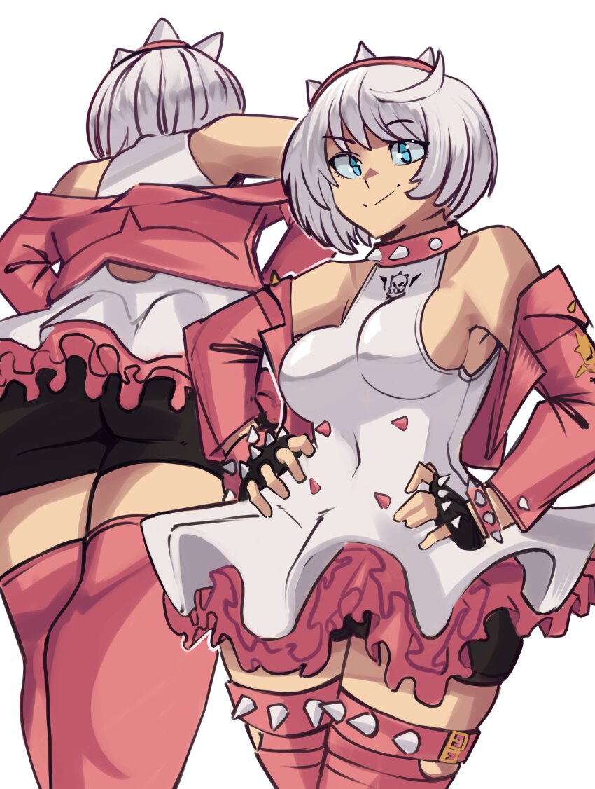 1girl absurdres ahoge aqua_eyes ass ass_focus black_gloves bob_cut boots bracelet breasts collar dress elphelt_valentine fingerless_gloves from_below gloves guilty_gear guilty_gear_strive hairband hands_on_own_hips highres huge_ahoge jacket jewelry large_breasts microdress moxydraws multiple_views pink_collar pink_footwear pink_hairband pink_jacket short_hair shorts_under_dress sideboob sleeveless sleeveless_dress smile solo spiked_bracelet spiked_collar spiked_hairband spiked_jacket spiked_thighlet spikes thigh_boots white_dress white_hair