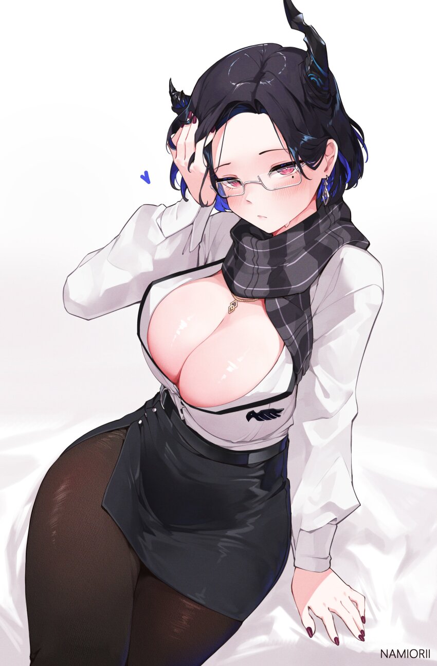 1girl absurdres asymmetrical_horns bed_sheet black_hair black_pantyhose black_scarf black_skirt blue_hair blush breasts cleavage collared_shirt colored_inner_hair commentary dress_shirt earrings flower glasses gold_necklace hand_in_own_hair hand_up high-waist_skirt highres hololive hololive_english horn_flower horns jewelry large_breasts long_sleeves looking_at_viewer miniskirt mole mole_under_eye multicolored_hair namiorii necklace nerissa_ravencroft nerissa_ravencroft_(casual) office_lady official_alternate_costume official_alternate_hair_length official_alternate_hairstyle pantyhose pencil_skirt plaid_clothes plaid_scarf red_eyes scarf shirt shirt_tucked_in short_hair side_slit sitting skirt solo symbol-only_commentary uneven_horns virtual_youtuber white_shirt