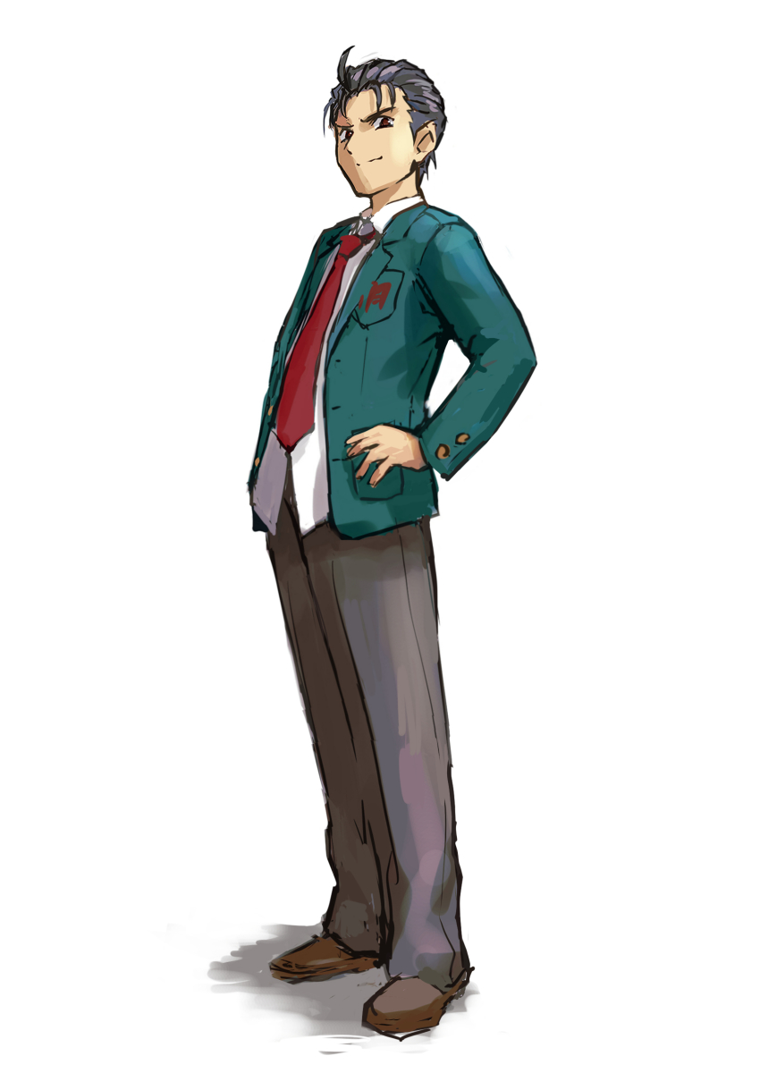 1boy absurdres ahoge black_hair blazer brown_eyes brown_footwear brown_pants commentary full_body green_jacket hands_on_own_hips highres ishiyuki jacket kita_high_school_uniform loafers long_sleeves male_focus necktie open_clothes open_jacket pants pocket red_necktie school_uniform shirt shoes short_hair simple_background sketch solo standing suzumiya_haruhi_no_yuuutsu taniguchi_(suzumiya_haruhi) white_background white_shirt