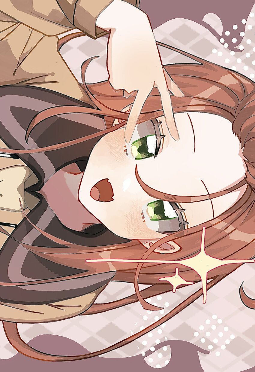 1girl chanyuchan chocolat_meilleure close-up commentary eyelashes fangs green_eyes highres long_hair long_sleeves looking_at_viewer necktie open_mouth orange_hair school_uniform smile solo sparkle sugar_sugar_rune v yellow_necktie