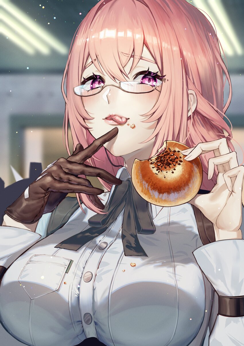 1girl absurdres black_ribbon blurry blurry_background blush breasts brown_gloves crumbs eating fluorescent_lamp food food_on_body food_on_breasts food_on_face fuli_(narumiyafuri) glasses gloves highres large_breasts light_particles lips long_hair looking_at_viewer neck_ribbon pink_eyes pink_hair pink_lips ribbon semi-rimless_eyewear shirt single_glove smile solo tongue tongue_out tsukishiro_yanagi under-rim_eyewear upper_body white_shirt zenless_zone_zero