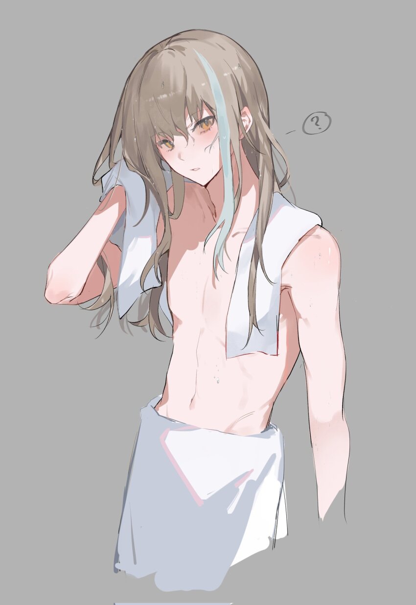 1boy after_bathing archer_(fate/samurai_remnant) blush drying fate/samurai_remnant fate_(series) grey_hair highres long_hair looking_at_viewer male_focus multicolored_hair nagy_c4 simple_background solo streaked_hair topless_male towel towel_around_neck towel_around_waist wet wet_hair white_hair white_towel yellow_eyes