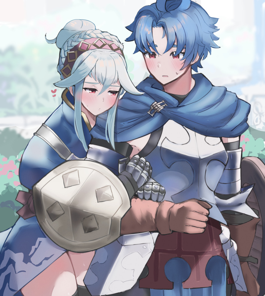 1boy 1girl alain_(unicorn_overlord) arm_hug armor armored_dress black_thighhighs blue_cape blue_dress blue_hair blush braid breastplate brown_gloves brown_hairband cape commentary couple cousins crown_braid dress english_commentary gauntlets gloves hair_between_eyes hair_bun hairband heart hetero highres hug incest juneplums looking_at_another outdoors red_eyes shield short_hair sidelocks single_hair_bun thighhighs unicorn_overlord virginia_(unicorn_overlord)