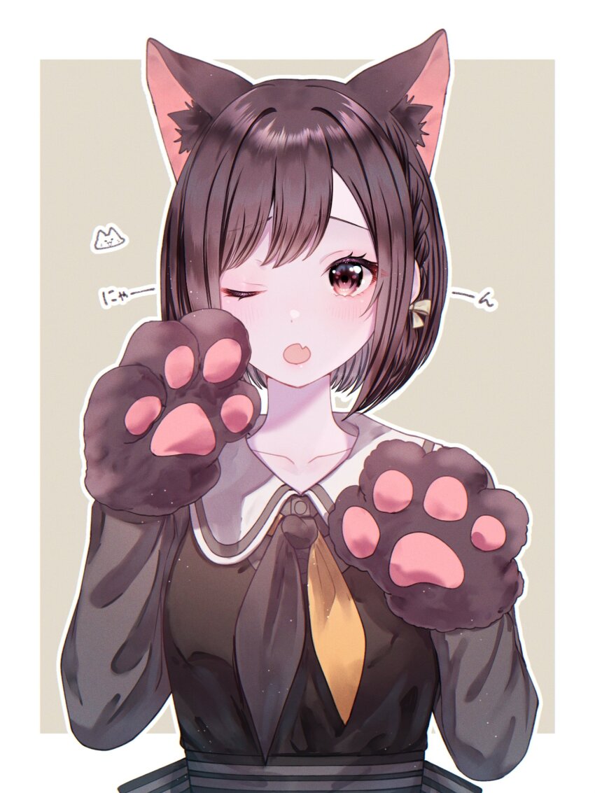 1girl ;o animal_ears animal_hands blush bow braid brown_background brown_eyes brown_hair cat_ears collarbone fang gloves hands_up highres long_sleeves looking_at_viewer neckerchief one_eye_closed open_mouth paw_gloves project_sekai red_eyes sailor_collar shinonome_ena shirt short_hair solo umiiiooo upper_body