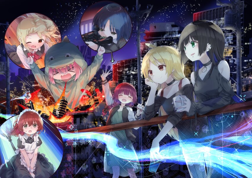 6+girls black_dress black_hair blonde_hair bocchi_the_rock! breath_weapon breathing_fire broom broom_riding building commentary_request destruction dinosaur_costume dress ear_piercing fire giant giantess gotoh_hitori guest_art gun highres hiroi_kikuri ijichi_nijika ijichi_seika kita_ikuyo kuroba_u long_hair maid maid_headdress multiple_girls night official_art pa-san piercing red_hair rifle short_hair sky sniper_rifle star_(sky) starry_sky weapon yamada_ryo