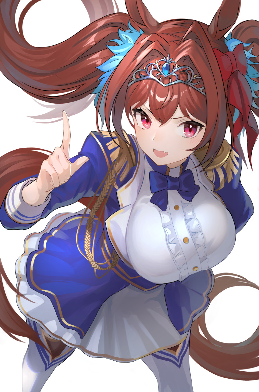 1girl absurdres animal_ears asagon007 blue_bow blue_bowtie blue_dress bow bowtie breasts brown_hair commentary_request daiwa_scarlet_(umamusume) dress epaulettes fang hair_bow hair_intakes hand_up highres horse_ears horse_girl horse_tail large_breasts leaning_forward long_hair long_sleeves multicolored_clothes multicolored_dress neckwear_request pink_eyes pointing pointing_up sidelocks simple_background skin_fang solo tail tiara twintails umamusume very_long_hair white_background white_dress white_legwear