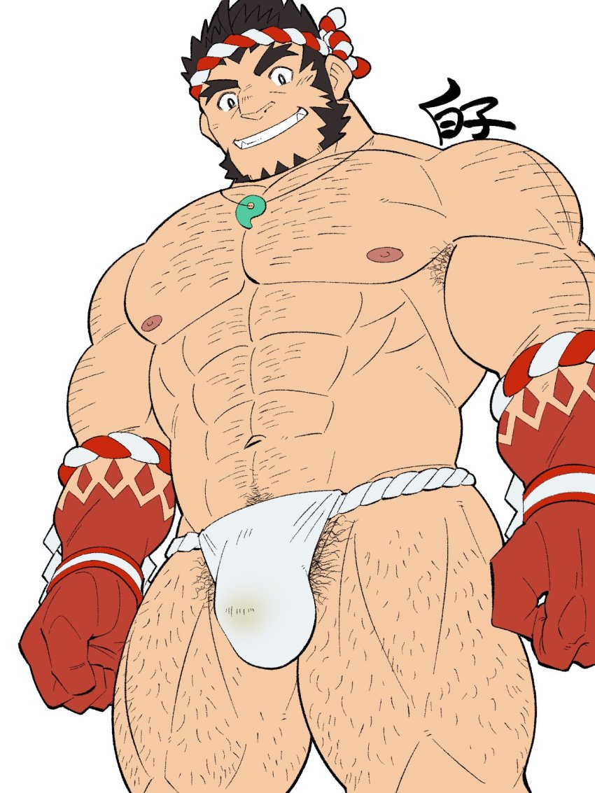 1boy abs arm_hair bara bulge chest_hair excessive_pubic_hair fangs feet_out_of_frame fundoshi grin hachimaki hairy headband highres japanese_clothes jewelry large_pectorals leg_hair long_sideburns magatama magatama_necklace male_focus mature_male muscular muscular_male navel navel_hair necklace nejiri_hachimaki nipples pectorals pubic_hair shirako_(kirupi) short_hair sideburns smile solo stomach tajikarao_(housamo) thick_eyebrows thick_thighs thighs tokyo_houkago_summoners topless_male underwear underwear_only wet_clothes wet_fundoshi