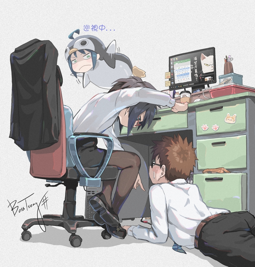 1boy 2girls ahoge animal_costume ass black_pantyhose black_skirt blue_hair blue_necktie bosstseng chair chibi chinese_commentary chinese_text commentary_request cup disposable_coffee_cup disposable_cup flying frown glasses green_eyes highres jacket lying miniskirt monitor multiple_girls natsuki_(bosstseng) necktie office_chair office_lady on_stomach original pantyhose pen penguin_costume perth_(bosstseng) pointing red-framed_eyewear shirt signature skirt sticker striped_necktie sweatdrop swivel_chair translation_request unworn_jacket white_shirt xinru_(bosstseng)