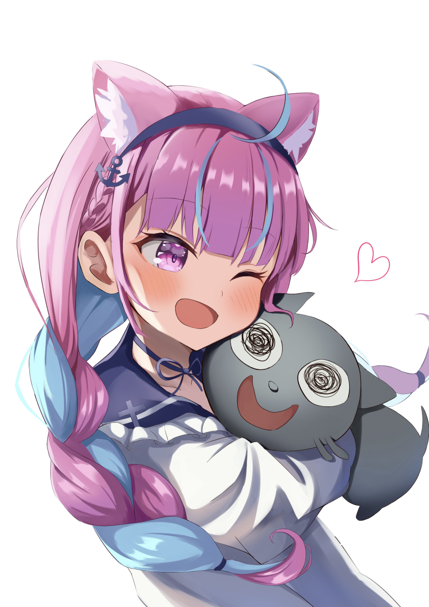 1girl ;d absurdres ahoge anchor_hair_ornament animal animal_ear_fluff animal_ears animal_hug blue_choker blue_hair blue_hairband blue_sailor_collar blunt_bangs blush braid cat cat_ears chino0803 choker commentary_request creature fanged_bangs frilled_sailor_collar frills hair_ornament hairband highres hololive jacket long_hair long_sleeves minato_aqua minato_aqua_(sailor) multicolored_hair neko_(minato_aqua) official_alternate_costume one_eye_closed open_mouth purple_eyes purple_hair ribbon_choker sailor_collar sidelocks smile solo streaked_hair twin_braids twintails two-tone_hair virtual_youtuber white_jacket