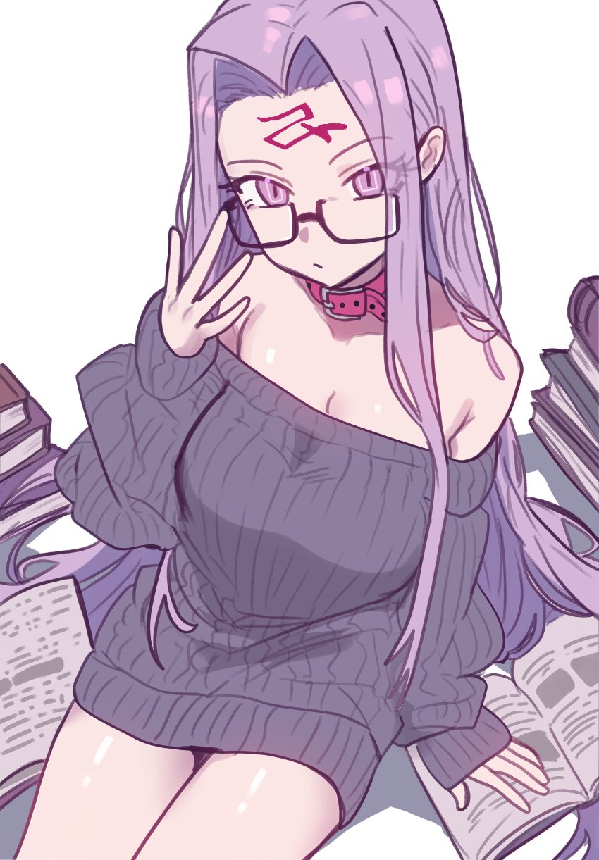 1girl absurdres adjusting_eyewear animal_collar bare_shoulders book book_stack breasts cleavage closed_mouth collar commentary ebora fate/stay_night fate_(series) highres large_breasts long_hair looking_at_viewer medusa_(fate) off-shoulder_sweater off_shoulder open_book purple_eyes purple_hair semi-rimless_eyewear sitting solo sweater white_background