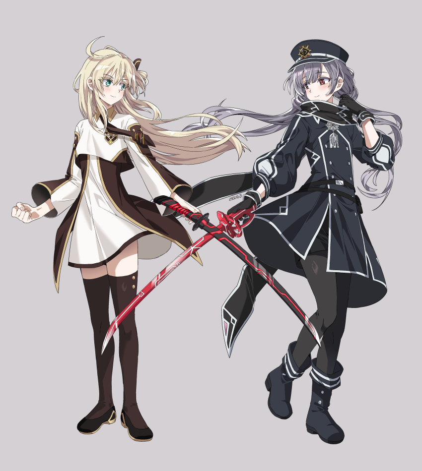 2girls absurdres black_necktie black_scarf blonde_hair collared_dress dress duel_monster full_body gloves green_eyes grey_background grey_hair hat highres holding holding_sword holding_weapon kaichou_(homehome_h) long_hair long_sleeves looking_at_another multiple_girls necktie peaked_cap red_eyes scarf sky_striker_ace_-_raye sky_striker_ace_-_roze smile sword thighhighs twintails two-tone_dress weapon yu-gi-oh!