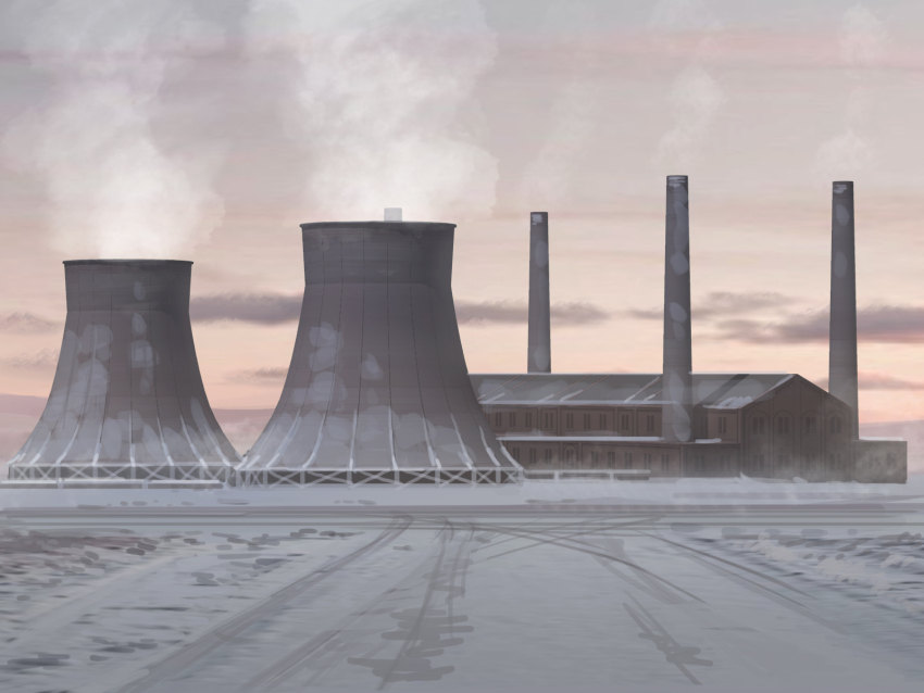 building cloud cloudy_sky commentary highres no_humans nuclear_powerplant original outdoors power_plant road scenery seo_tatsuya sky smoke smokestack snow