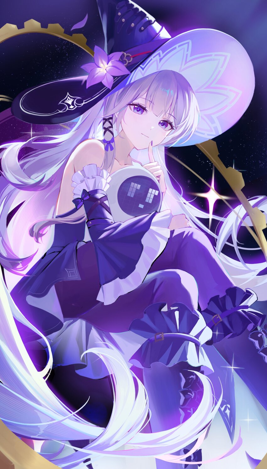 1girl absurdres bare_shoulders closed_mouth detached_sleeves flower grey_hair hair_ornament hair_ribbon hat hat_flower herta_(honkai:_star_rail) highres honkai:_star_rail honkai_(series) long_hair looking_at_viewer purple_eyes purple_flower purple_hat purple_nails ribbon sohan_(sohan_416) the_herta_(honkai:_star_rail) witch_hat x_hair_ornament