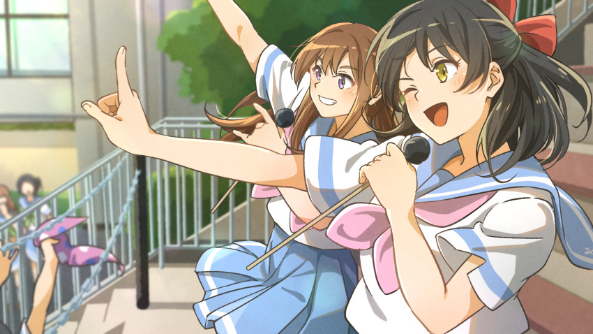 2others 4girls arm_up black_hair bow brown_hair drumsticks fuyuhino grin hair_bow happy hibike!_euphonium highres holding holding_drumsticks index_finger_raised inoue_junna long_hair multiple_girls multiple_others people purple_eyes sakai_masako school_uniform smile stairs yellow_eyes