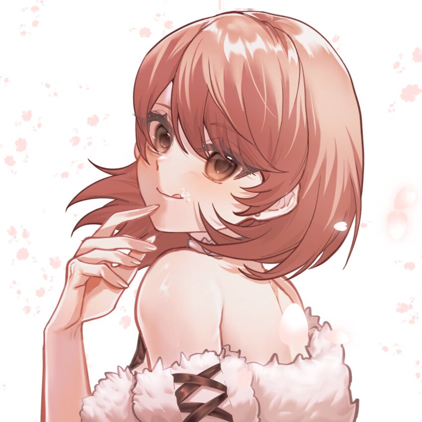 1girl :q bare_shoulders birthday brown_eyes brown_hair choker commentary_request earrings falling_petals food food_on_face from_side fur-trimmed_sweater fur_trim hair_between_eyes hand_up heart heart_choker highres jewelry lace-trimmed_sleeves lace-trimmed_sweater lace_trim light_blush looking_at_viewer looking_to_the_side medium_hair mixed-language_commentary niaoju1010 official_alternate_costume persona persona_3 petals pink_petals solo stud_earrings sweater takeba_yukari tongue tongue_out upper_body white_choker