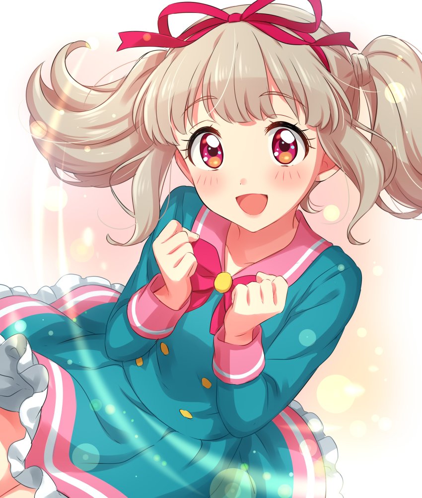 1girl :d absurdres aikatsu!_(series) aikatsu_on_parade! blunt_bangs blush bow bowtie clenched_hands close-up commentary_request dress hair_ribbon happy highres kiseki_raki lens_flare light_brown_hair long_hair looking_at_viewer open_mouth pink_eyes pink_sailor_collar ribbon sailor_collar school_uniform sekina sidelocks smile solo star_harmony_academy_school_uniform twintails