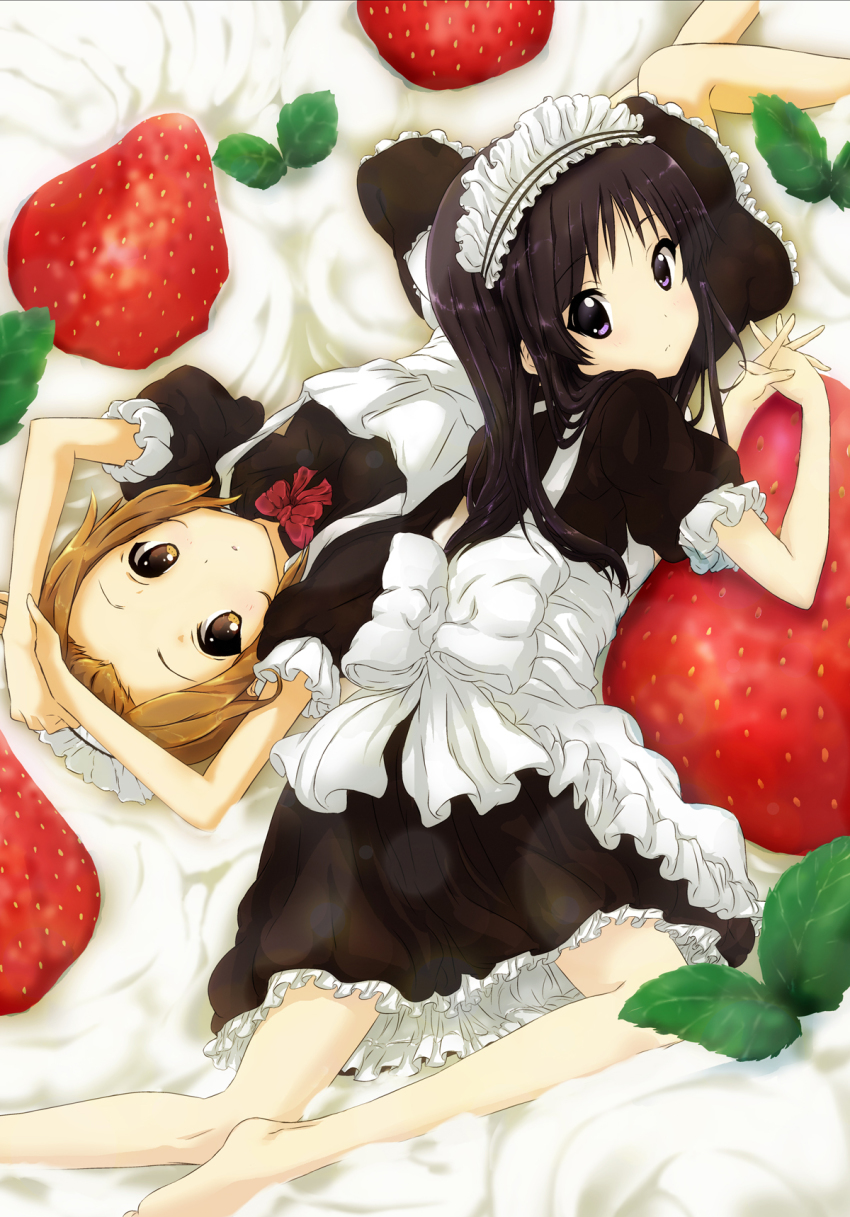 2girls akiyama_mio alternate_costume apron bad_id bad_pixiv_id barefoot black_eyes black_hair bow brown_eyes brown_hair dress enmaided food frills fruit own_hands_clasped highres interlocked_fingers k-on! legs long_hair looking_back lying maid maid_apron maid_headdress multiple_girls nanai on_back oversized_object own_hands_together short_hair strawberry tainaka_ritsu