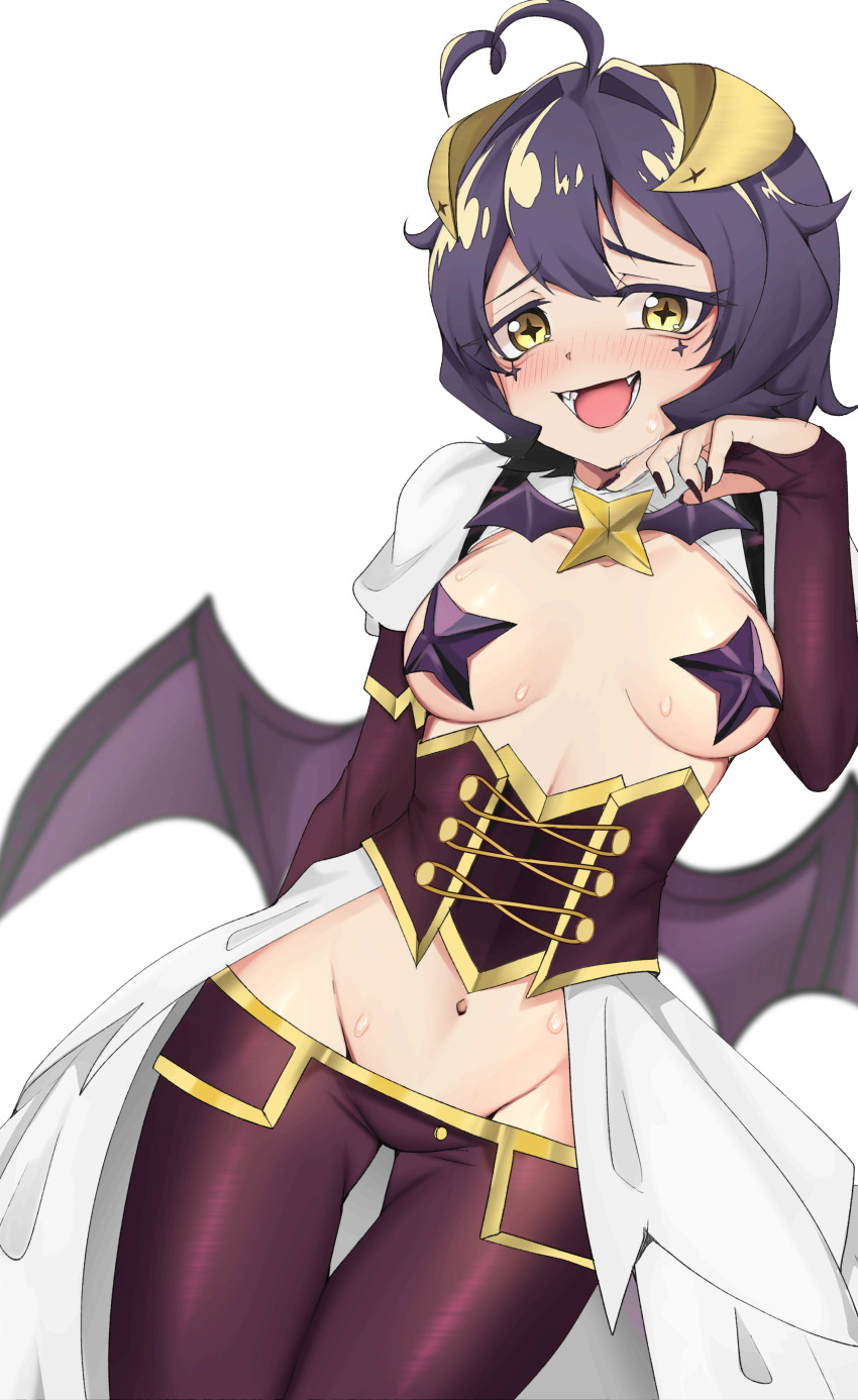 1girl absurdres ahoge bat_brooch breasts corset cross cross-shaped_pupils cross_facial_mark cross_pasties demon_wings facial_mark forward_facing_horns highres hiiragi_utena horns lowleg lowleg_pants magia_baiser mahou_shoujo_ni_akogarete medium_breasts meemz_a navel open_mouth pants pasties purple_corset purple_hair purple_pants purple_pasties purple_wings short_hair showgirl_skirt shrug_(clothing) solo sweat symbol-shaped_pupils white_shrug wings yellow_eyes yellow_horns