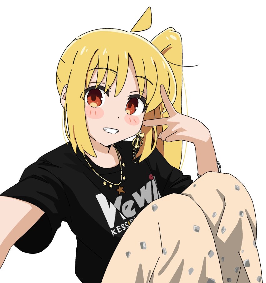 ahoge alternate_costume black_shirt blonde_hair blush bocchi_the_rock! high_side_ponytail highres ijichi_nijika nekokko_neko red_eyes shirt v white_background