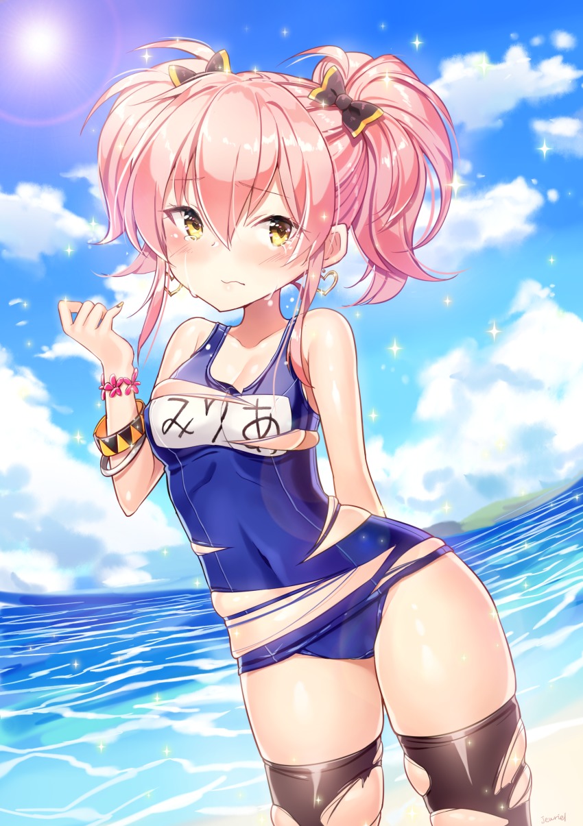 10s 1girl absurdres bad_id bad_pixiv_id beach blush bow bracelet breasts crying crying_with_eyes_open earrings goyain hair_bow highres idolmaster idolmaster_cinderella_girls jewelry jougasaki_mika long_hair ocean outdoors pink_hair school_swimsuit short_hair signature sky solo swimsuit tears thighhighs tight_swimsuit torn_clothes torn_swimsuit torn_thighhighs twintails two_side_up water yellow_eyes
