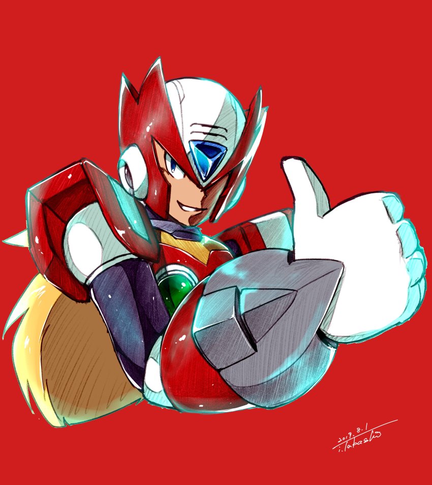 1boy absurdres android blue_eyes dated green_eyes helmet highres i.takashi male_focus mega_man_(series) mega_man_x_(series) red_background simple_background smirk solo thumbs_up upper_body zero_(mega_man)