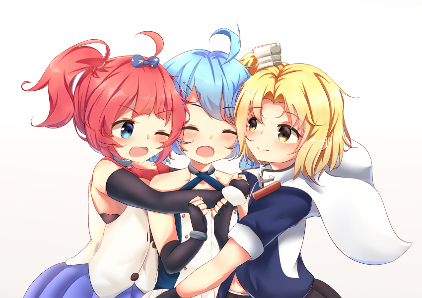 3girls absurdres ahoge arms_up azur_lane black_bra black_gloves blonde_hair blue_dress blue_eyes blue_hair blue_shirt blue_skirt blush bow bra cape clenched_hands cleveland_(azur_lane) closed_eyes commentary dress elbow_gloves fingerless_gloves gloves group_hug hair_bow hair_ornament halter_dress halterneck hand_on_another&#039;s_shoulder helena_(azur_lane) highres hug lena_(azur_lane) looking_at_another multiple_girls one_eye_closed open_mouth parted_bangs pleated_skirt red_hair sachisudesu san_diego_(azur_lane) shirt short_hair short_sleeves side_ponytail simple_background skirt sleeveless sleeveless_dress sleeveless_shirt smile standing swept_bangs underwear untucked_shirt upper_body white_background white_cape white_shirt yellow_eyes