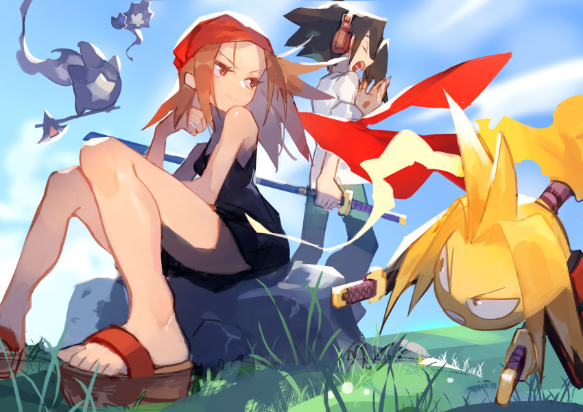 1girl 2boys absurdres armor asakura_yoh axe bare_shoulders black_dress blonde_hair blue_sky brown_eyes brown_hair closed_eyes closed_mouth cloud dress floating_hair grass headphones highres hitodama holding holding_axe holding_sheath holding_shield holding_sword holding_weapon japanese_armor katana knees kyouyama_anna legs medium_hair multiple_boys open_mouth outdoors parted_lips pauldrons rock sandals scabbard shaman_king sheath shield short_dress shoulder_armor sitting sky sleeves_rolled_up smile spirit standing sword teeth thighs uedrk_yamato upper_teeth_only weapon yawning