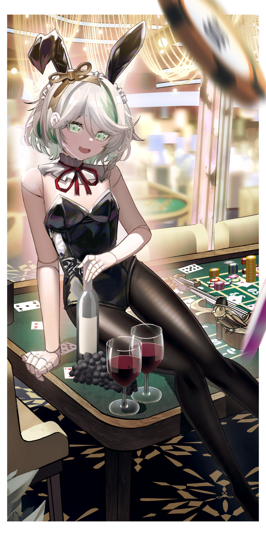 1girl absurdres alcohol alternate_costume animal_ears bare_shoulders black_leotard black_pantyhose border bottle bow bowtie breasts card casino cecilia_immergreen chair collar commentary cup detached_collar doll_joints drinking_glass fake_animal_ears food frilled_collar frills fruit grapes green_eyes green_hair grey_hair highres hololive hololive_english indoors instrument joints leotard looking_at_viewer maio05321 multicolored_hair on_table open_mouth pantyhose playboy_bunny playing_card poker_chip rabbit_ears red_bow red_bowtie red_ribbon red_wine ribbon short_hair sitting small_breasts solo strapless strapless_leotard streaked_hair table violin virtual_youtuber white_border winding_key wine wine_bottle wine_glass