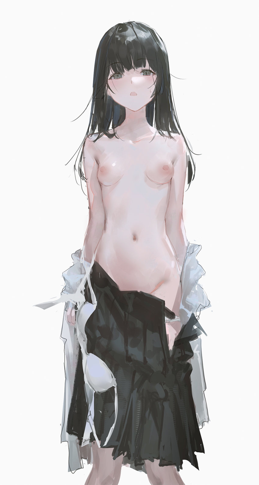 1girl black_eyes black_hair black_skirt blunt_bangs bra bra_pull breasts clothes_pull collarbone grey_background highres long_hair looking_at_viewer navel nipples open_mouth original pleated_skirt reoen simple_background skirt skirt_pull small_breasts solo standing topless underwear white_bra