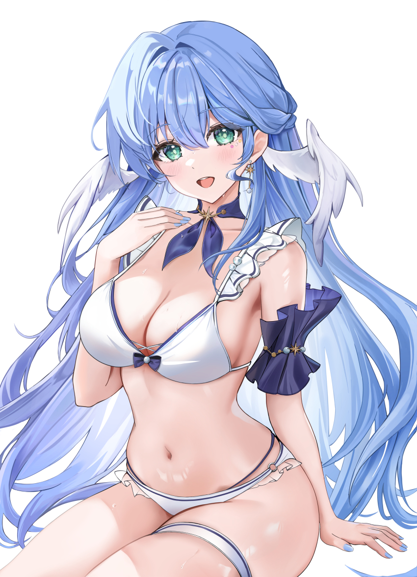 1girl :d absurdres aqua_eyes bare_shoulders bikini blue_hair blue_nails detached_sleeves hasom head_wings highres honkai:_star_rail honkai_(series) long_hair looking_at_viewer nail_polish navel open_mouth robin_(honkai:_star_rail) short_sleeves simple_background sitting smile solo stomach swimsuit thigh_strap thighs very_long_hair white_background white_bikini wings