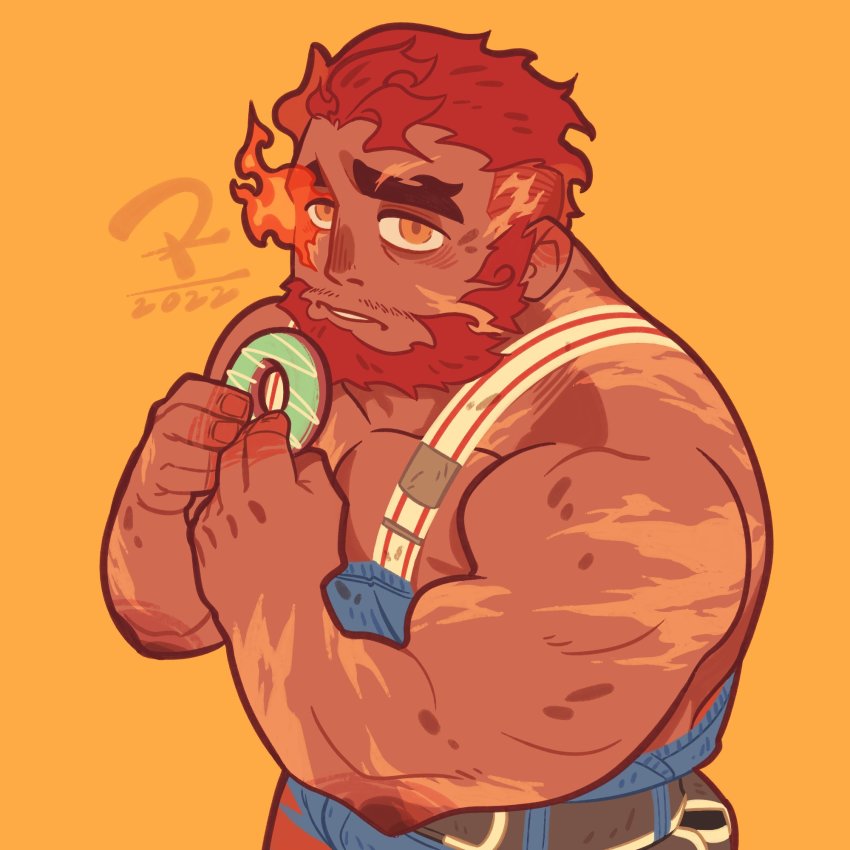 1boy all_saints_street_(style) bara bare_arms beard chibi dark-skinned_male dark_skin dk_(den_ai_d) doughnut eyebrow_cut facial_hair flaming_eye food hephaestus_(housamo) highres looking_at_viewer male_focus mature_male muscular muscular_male orange_background overalls parody pectoral_cleavage pectorals red_eyes scar short_hair sidepec simple_background solo style_parody thick_eyebrows tokyo_houkago_summoners upper_body wansheng_jie