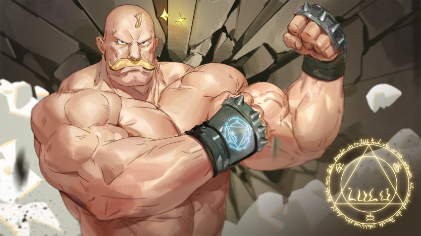 1boy alex_louis_armstrong bald bara biceps blue_eyes clenched_hands facial_hair fingerless_gloves flexing fullmetal_alchemist gloves highres large_pectorals male_focus mature_male muscular muscular_male mustache pectorals solo sparkle tooboshoo upper_body