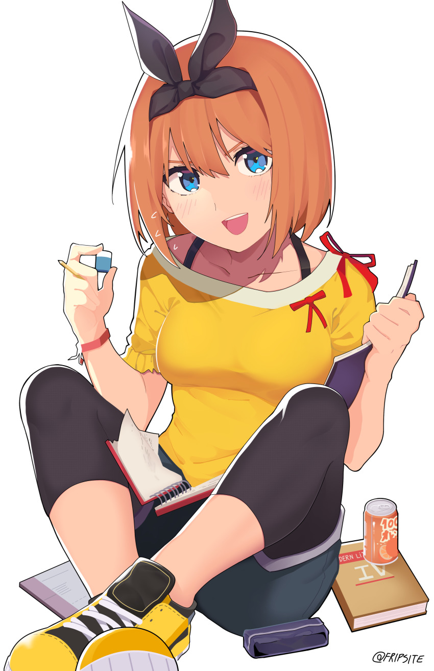 1girl absurdres bike_shorts black_shorts blue_eyes blush breasts collarbone commentary english_commentary eyebrows go-toubun_no_hanayome highres looking_at_viewer md5_mismatch medium_breasts nakano_yotsuba off-shoulder_shirt off_shoulder open_mouth orange_hair resolution_mismatch shirt shoes short_hair shorts sitting sleepy_frippy smile sneakers solo source_smaller teeth twitter_username upper_teeth_only yellow_shirt yellow_shoes