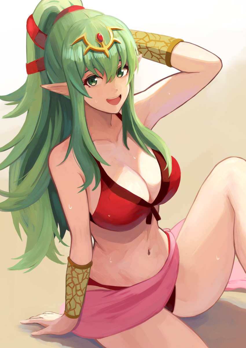 1girl arm_guards arm_support bikini breasts cleavage fire_emblem fire_emblem_awakening fire_emblem_heroes green_eyes green_hair groin groin_tendon hair_between_eyes high_ponytail highres labebebe_lee large_breasts long_hair looking_at_viewer navel nintendo official_alternate_costume pointy_ears red_bikini sarong sidelocks smile solo swimsuit thighs tiki_(adult)_(fire_emblem) tiki_(adult)_(summer)_(fire_emblem) tiki_(fire_emblem) very_long_hair wet