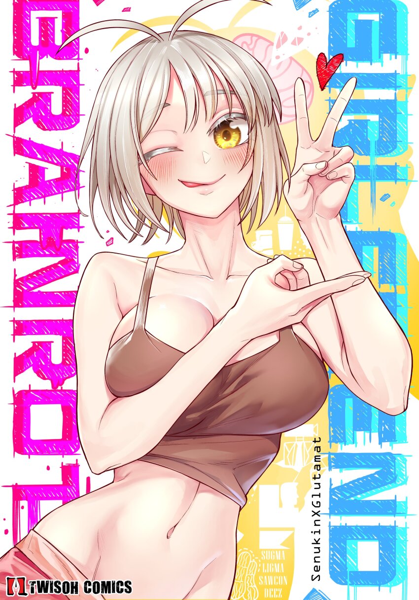 1girl :d absurdres antenna_hair artist_name blonde_hair blush brain_(print) brainrot_girlfriend_(senukin) breasts brown_tank_top cleavage collarbone colored_eyelashes commentary cover cover_page english_commentary english_text heart highres linea_alba logo looking_at_viewer medium_breasts meme navel no_panties one_eye_closed open_mouth original senukin short_hair shorts smile solo tank_top tongue tongue_out v yellow_eyes