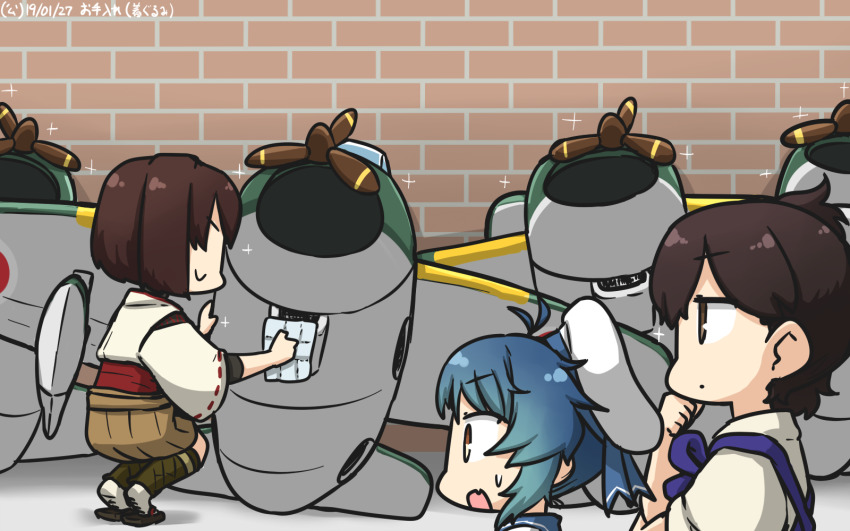 3girls airplane_costume blue_hair blue_sailor_collar brick_wall brown_eyes brown_hair brown_hakama commentary_request costume dated fang fukae_(kancolle) gradient_hair hakama hakama_skirt hamu_koutarou hand_on_own_chin hat highres hyuuga_(kancolle) japanese_clothes kaga_(kancolle) kantai_collection long_hair multicolored_hair multiple_girls open_mouth profile sailor_collar sailor_hat school_uniform serafuku short_hair side_ponytail sidelocks skirt squatting tasuki tsurime undershirt white_hat