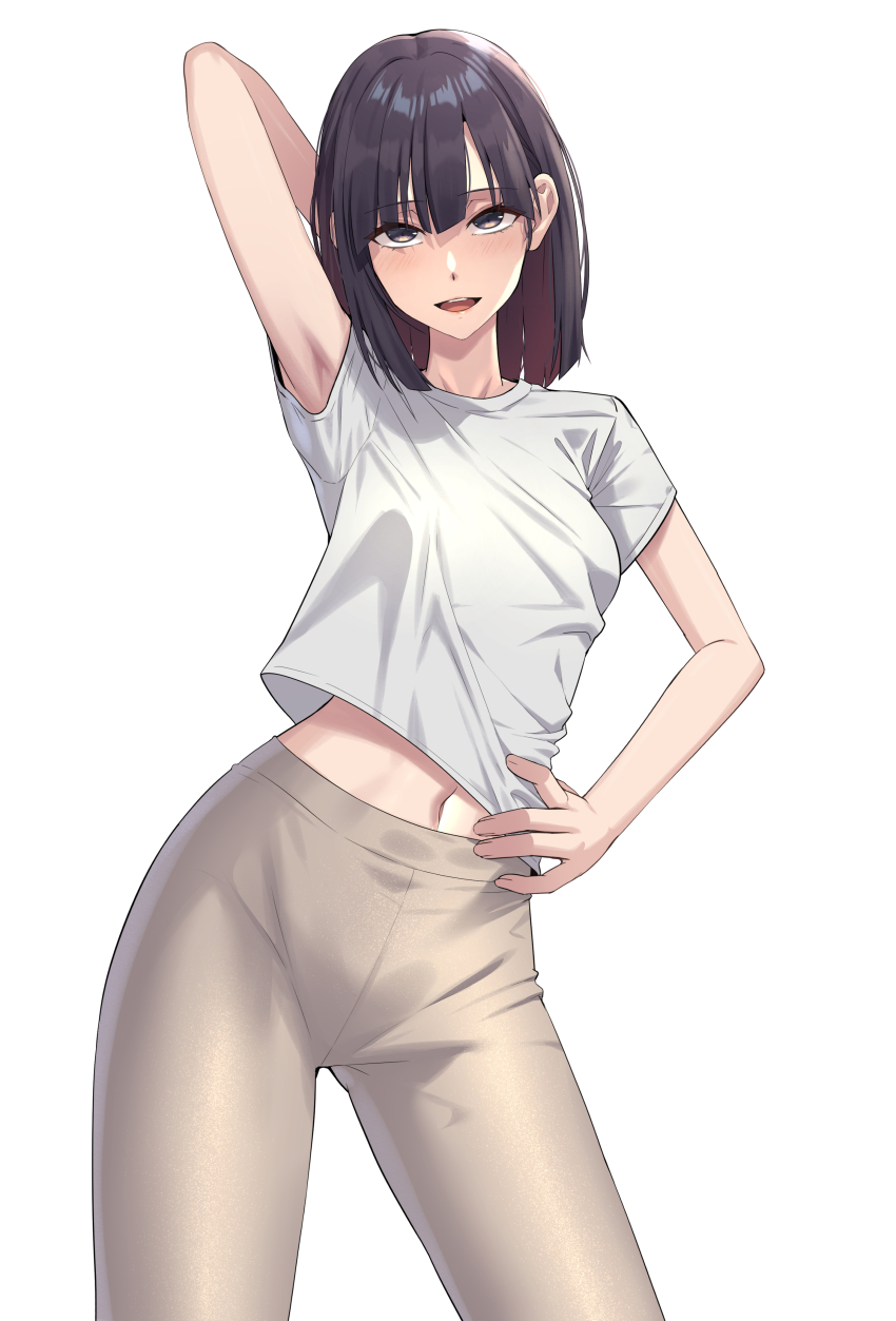 1girl :d absurdres arm_up armpits black_hair black_survival breasts character_request cowboy_shot eternal_return:_black_survival grey_eyes grey_pants hand_on_own_hip highres leggings looking_at_viewer medium_hair midriff navel open_mouth pants ptal shirt short_sleeves simple_background smile solo standing thighs white_background white_shirt