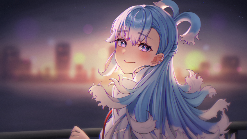 1girl :&gt; absurdres blue_eyes blue_hair blurry blurry_background blush closed_mouth colored_tips commentary dusk half_up_braid high_ponytail highres hololive hololive_indonesia jacket kobo_kanaeru kobo_kanaeru_(1st_costume) long_hair looking_at_viewer looking_back multicolored_hair niztix outdoors ponytail see-through_clothes see-through_jacket smile solo split_ponytail two-tone_hair virtual_youtuber wavy_hair white_hair