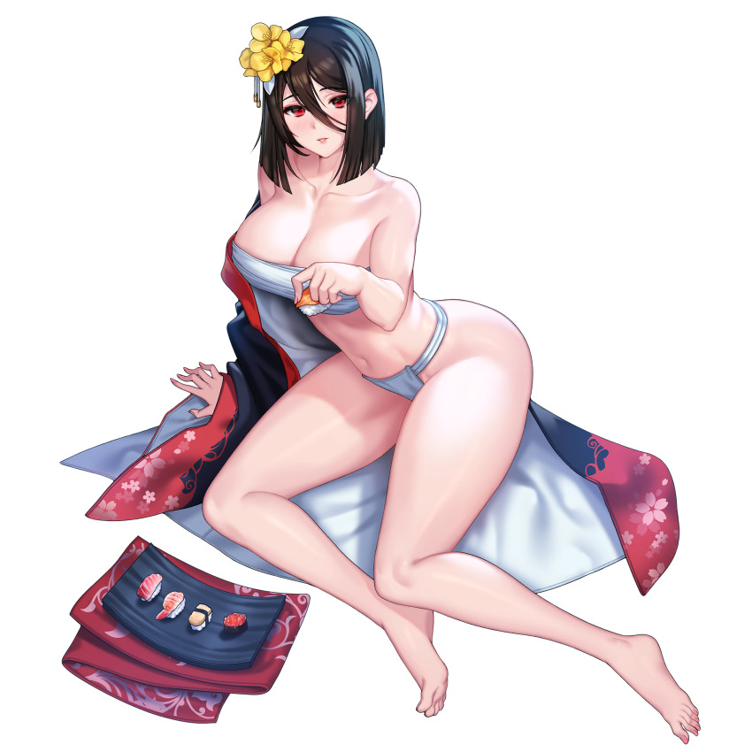 1girl ass barefoot black_hair black_kimono blush breasts c.honey chest_sarashi collarbone feet floral_print flower food full_body fundoshi game_cg groin_tendon hair_between_eyes hair_flower hair_ornament highres holding holding_food japanese_clothes kimono kunoichi_kaen large_breasts last_origin looking_at_viewer medium_hair navel official_alternate_costume official_art parted_lips plate red_eyes red_kimono sarashi sitting smile solo sushi transparent_background yellow_flower