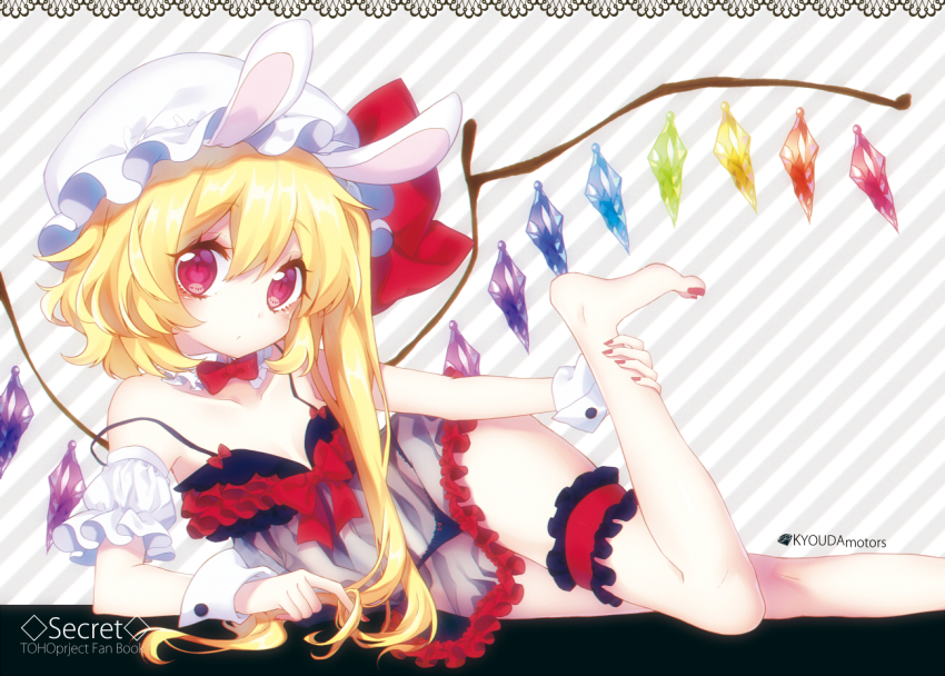 1girl animal_ears arm_garter bare_shoulders black_bra black_panties blonde_hair bow bow_panties bra bridal_garter detached_collar female_focus flandre_scarlet hat hat_ribbon kyouda_suzuka lingerie looking_at_viewer lying mob_cap nail_polish off_shoulder on_side panties rabbit_ears red_bow red_eyes red_ribbon ribbon see-through_clothes side_ponytail solo strap_slip touhou twirling_hair underwear wings wrist_cuffs