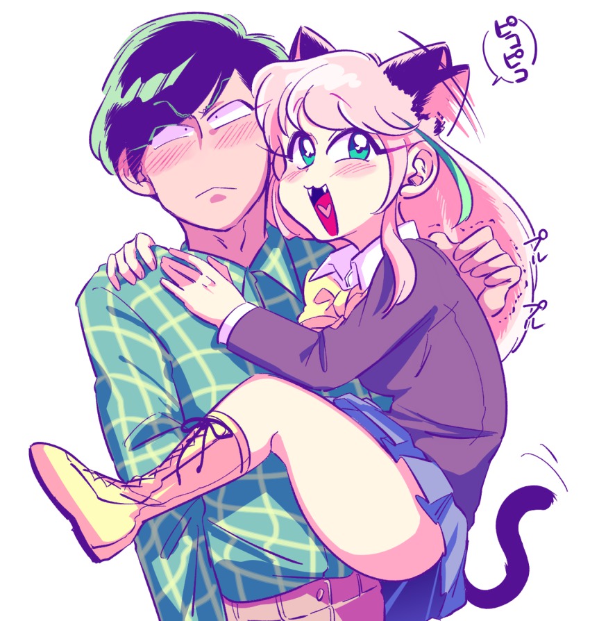 10s 1boy 1girl animal_ears bad_id bad_twitter_id black_hair blazer blush boots cat_ears cat_tail clinging fangs green_eyes hashimoto_nyaa heart heart_in_mouth highres jacket looking_away matsuno_choromatsu multicolored_hair osomatsu-kun osomatsu-san osomatsu_(series) pink_hair plaid_clothes plaid_shirt school_uniform shakata_(syakatan) shirt streaked_hair tail thigh_boots thighhighs