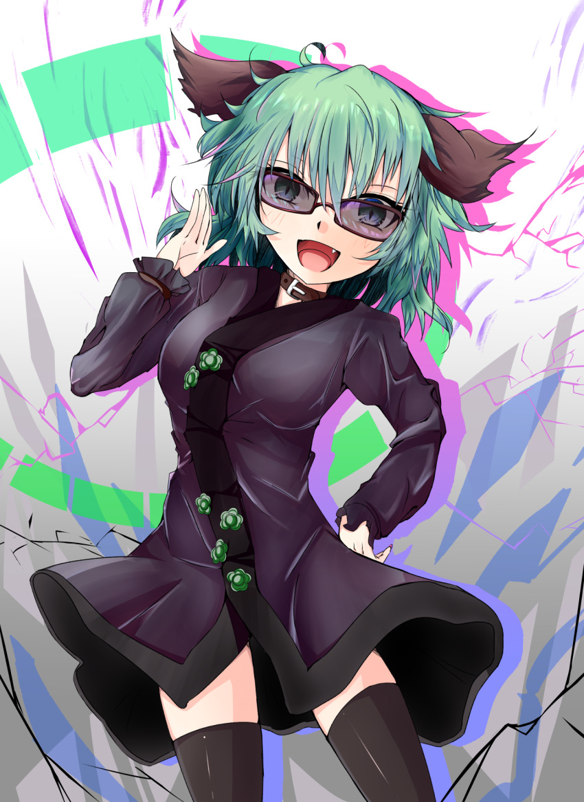 1girl :d alternate_costume animal_ears ashigaruk black_dress black_thighhighs breasts choujuu_gigaku cowboy_shot dog_ears dress fang green_eyes green_hair highres kasodani_kyouko long_sleeves looking_at_viewer medium_breasts open_mouth short_hair smile solo standing thighhighs tinted_eyewear touhou zettai_ryouiki