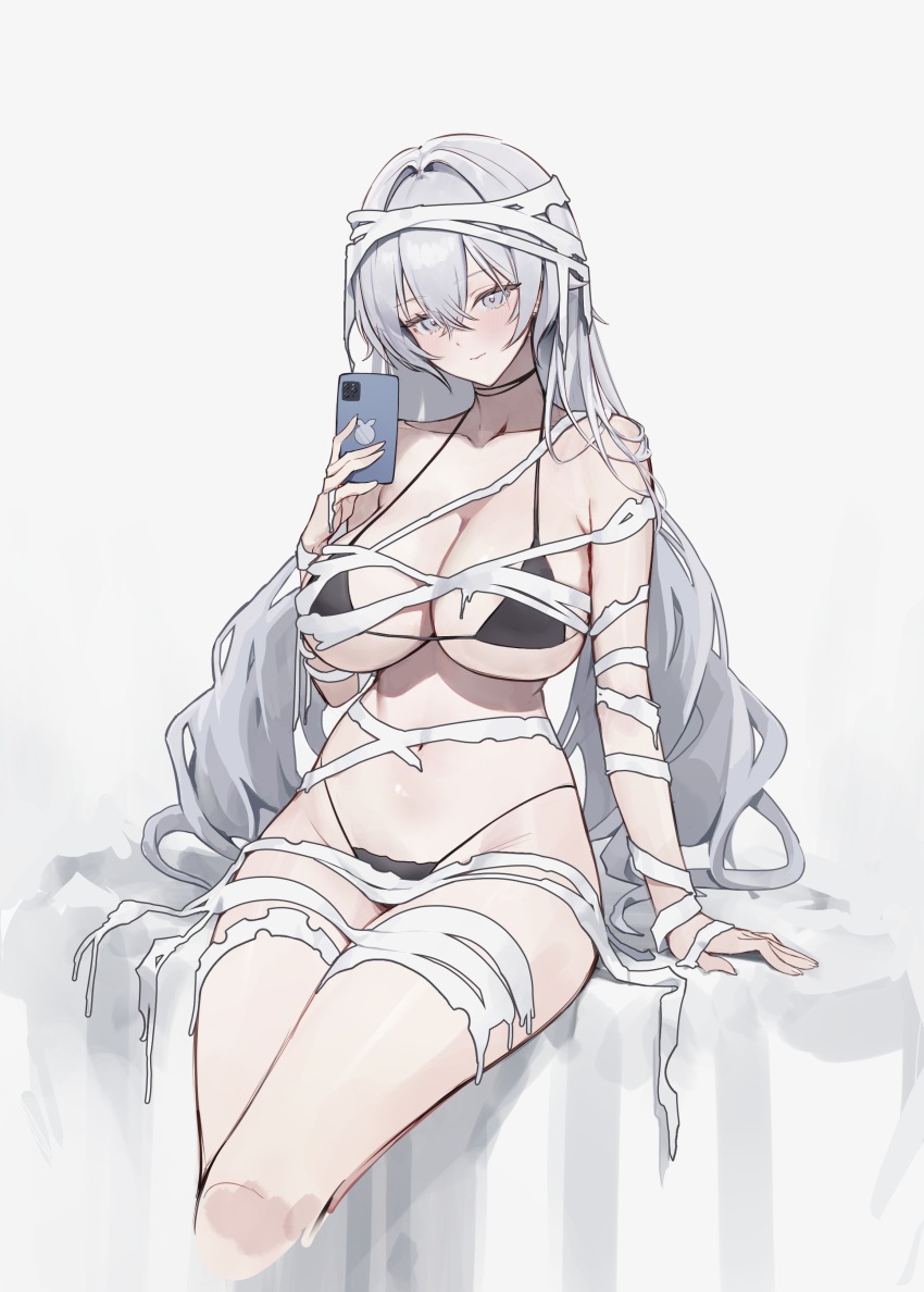 1girl absurdres bandaged_arm bandaged_chest bandaged_leg bandages bare_shoulders bikini black_bikini blush breasts bronya_zaychik bronya_zaychik_(silverwing:_n-ex) cellphone closed_mouth collarbone commentary drill_hair grey_background grey_eyes grey_hair hair_between_eyes halloween_costume highres holding holding_phone honkai_(series) honkai_impact_3rd large_breasts legs long_hair looking_at_viewer lysh navel phone selfie sitting smartphone solo stomach swimsuit twin_drills very_long_hair